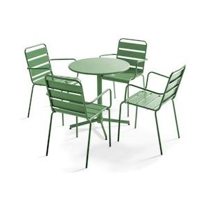 Oviala Business Set van tuintafel en 4 cactusgroene metalen fauteuils - Oviala - groen Staal 106016