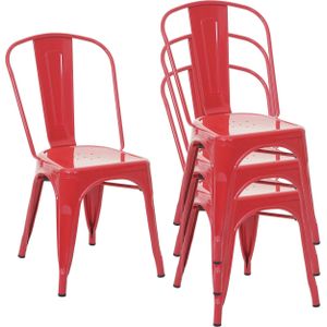 Mendler Set van 4 stoelen HWC-A73, bistrostoel stapelstoel, metalen industrieel ontwerp stapelbaar ~ rood - rood Metaal 70793