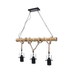 Mendler Hanglamp HWC-H82, hanglamp hanglamp, industriële vintage bamboe touw metaal zwart ~ 3x spot lampenkap - zwart Massief hout 74204