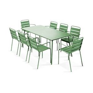 Oviala Business Set van tuintafel en 8 cactusgroene metalen fauteuils - Oviala - groen Staal 106039