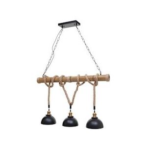 Mendler Hanglamp HWC-H82, hanglamp hanglamp, industriële vintage bamboe touw metaal zwart ~ 3x koepel lampenkap - zwart Massief hout 74201