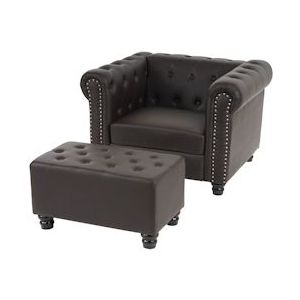 Mendler Luxe fauteuil ligstoel Chesterfield kunstleer ~ ronde poten, bruin met voetenbankje - bruin Synthetisch materiaal 31985+31986+31987+31994