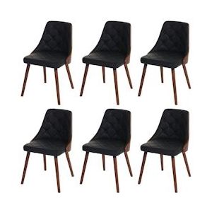 Mendler Set van 6 eetkamerstoelen HWC-A75, bezoekersstoel keukenstoel, walnoot-look gebogen hout ~ kunstleer zwart - zwart Synthetisch materiaal 48417+48417+48417
