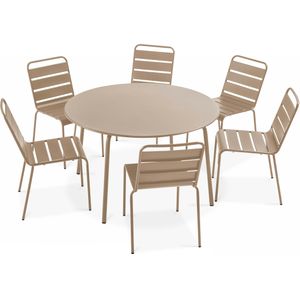 Oviala Business Ronde tuintafel en 6 stoelen in taupe metaal - grijs Staal 105626