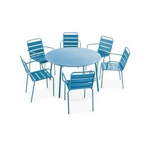 Oviala Business Ronde terrastafel en 6 Pacific blauwe stalen fauteuils - Oviala - blauw Staal 106036