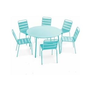 Oviala Business Set van 6 turquoise metalen stoelen en een ronde tuintafel - blauw Staal 109251