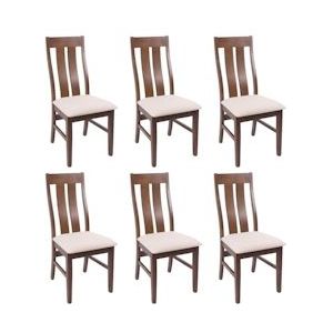 Mendler Set van 6 eetkamerstoelen HWC-M58, keukenstoel fauteuil stoel, stof/textiel massief hout ~ donker frame, crème - beige Massief hout 3x104675