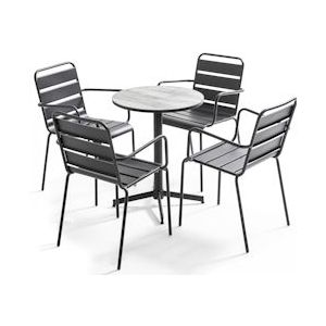 Oviala Business Ronde tuintafel met 4 grijze stalen fauteuils - grijs Staal 106398