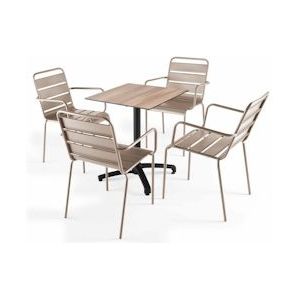 Oviala Business Donkere eiken laminaat terrastafel en 4 taupe fauteuils - Oviala - grijs Metaal 110162