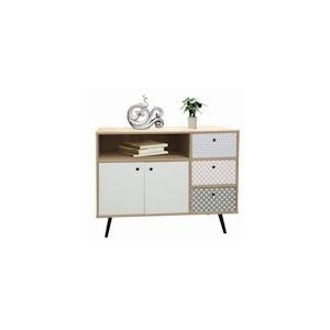 Möbilia Dressoir | 2 deuren,3 laden,1 open plank | MDF met gladde reproductie folie | white wash met blauw-wit front B106,5xD39xH77cm|25020095 - meerkleurig Vervaardigd hout 25020095