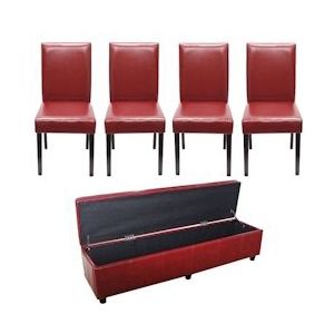 Mendler Zitset Bank met opbergruimte Kriens XXL+4 stoelen Littau, kunstleer/leder ~ rood - rood Synthetisch materiaal 12871+7978+7978+0