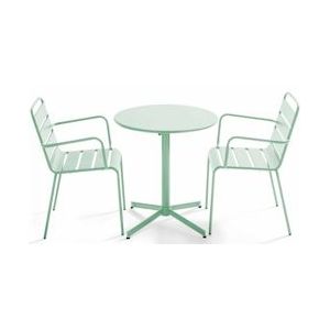Oviala Business Set van tuintafel en 2 saliegroene metalen fauteuils - Oviala - groen Staal 109174