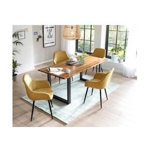SalesFever Acacia tafelgroep 180 cm | 5-delig | 26 mm blad cognac | metalen frame zwart | armstoelen in bedrukte stof | geel - 370759