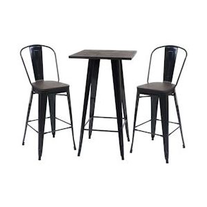 Mendler Set bartafel + 2x barkrukken HWC-A73 incl. houten tafelblad, barstoel bartafel, metalen industrieel ontwerp ~ zwart - zwart Massief hout 70401+70407