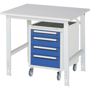 Werktafel met ladekast, rolcontainer met 4 laden 1 x 90, 2 x 120, 1 x 140 mm, b x d = 1000 x 800 mm, melamineplaat, dikte 22 mm