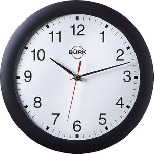 Wandklok van ABS-kunststof, Ø 300 mm, kwartsuurwerk, behuizing zwart, wijzerplaat wit