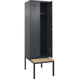 Lockerkast Evolo PLUS met zitbank, 2 compartimenten, grijs, b = 600 mm, cilinderslot, met ondergebouwde zitbank, beukenhout