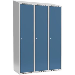 Lockerkast Fydor, 3 compartimenten, lichtgrijs / briljantblauw, b = 1200 mm, 3 compartimenten, schuine bovenkant, cilinderslot