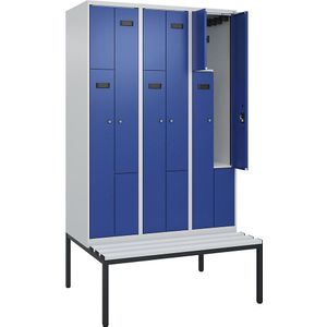 Z-lockerkast Evolo PLUS met zitbank, 3 compartimenten, lichtgrijs / gentiaanblauw, b = 1200 mm, cilinderslot, met ondergebouwde zitbank, kunststof
