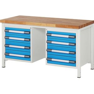 eurokraft pro Werkbank, stellingbouw serie 8000, 12 laden: 8 x 120, 4 x 150 mm, b x d = 1500 x 700 mm