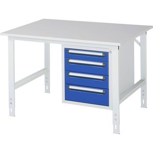 Werktafel met ladekast, onderbouw-ladeblok met 4 laden 1 x 90, 2 x 120, 1 x 140 mm, b x d = 1250 x 1000 mm, melamineplaat, dikte 22 mm