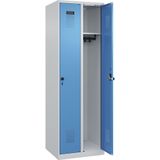 C+P Lockerkast Evolo PLUS, 2 compartimenten, lichtgrijs / lichtblauw, b = 600 mm, met voetdoppen, draaigrendel