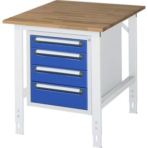 Werktafel met ladekast, onderbouw-ladeblok met 4 laden 1 x 90, 2 x 120, 1 x 140 mm, b x d = 750 x 1000 mm, blad van massief beukenhout, dikte 25 mm