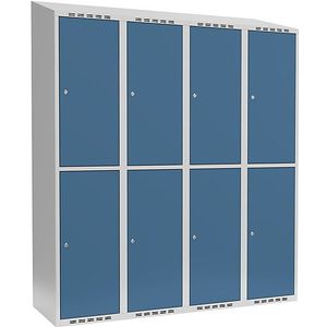 Lockerkast met twee verdiepingen Fydor, 4 compartimenten, lichtgrijs / briljantblauw, b = 1200 mm, 4 compartimenten, schuine bovenkant, cilinderslot