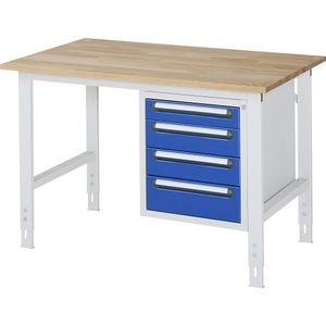 Werktafel met ladekast, onderbouw-ladeblok met 4 laden 1 x 90, 2 x 120, 1 x 140 mm, b x d = 1250 x 800 mm, blad van massief beukenhout, dikte 25 mm