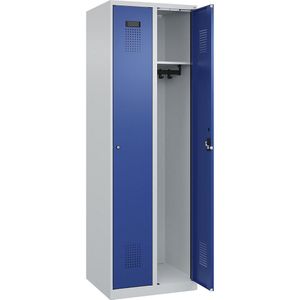 C+P Lockerkast Evolo PLUS, 2 compartimenten, lichtgrijs / gentiaanblauw, b = 600 mm, met voetdoppen, cilinderslot