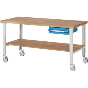 eurokraft pro Verrijdbare werkbank Serie 7000, 4 zwenkwielen, 1 lade, aflegbord, werkblad-b x d = 2000 x 900 mm