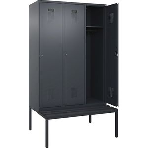 Lockerkast Evolo PLUS met zitbank, 3 compartimenten, grijs, b = 1200 mm, cilinderslot, met ondergebouwde zitbank, kunststof