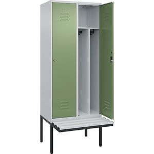 C+P Multifunctionele lockerkast Classic PLUS met zitbank, smal, 2 compartimenten, scheidingswand ingekort, lichtgrijs / resedagroen, b = 800 mm, cilinderslot, vrijdragend, kunststof