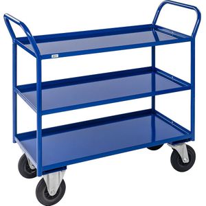 Kongamek Tafelwagen KM41, 3 etages met opstaande rand, l x b x h = 1070 x 550 x 1000 mm, blauw, 2 zwenk- en 2 bokwielen, vanaf 5 stuks