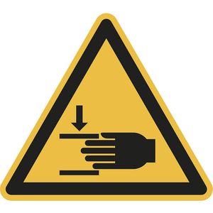 Waarschuwingsbord, waarschuwing voor handblessures, VE = 10 stuks, kunststof, hoeklengte 200 mm