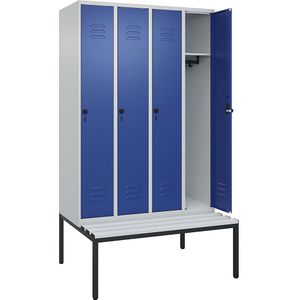 C+P Kledingkast Classic PLUS met zitbank, 4 compartimenten, lichtgrijs / gentiaanblauw, b = 1200 mm, veiligheidsdraaigrendel, ondergebouwd, kunststof