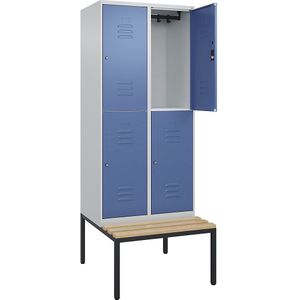 C+P Kledingkast Classic PLUS met twee verdiepingen en zitbank, 2 compartimenten, lichtgrijs / verblauw, b = 800 mm, cilinderslot, ondergebouwd, beuken-hardhout