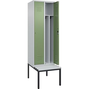 C+P Multifunctionele lockerkast Classic PLUS met zitbank, smal, 2 compartimenten, scheidingswand ingekort, lichtgrijs / resedagroen, b = 600 mm, cilinderslot, ondergebouwd, kunststof