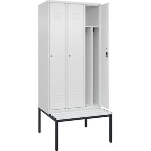 C+P Multifunctionele lockerkast Classic PLUS met zitbank, smal, 3 compartimenten, scheidingswand ingekort, verkeerswit, b = 900 mm, cilinderslot, ondergebouwd, kunststof