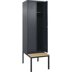C+P Kledingkast Classic PLUS met zitbank, 2 compartimenten, grijs, b = 600 mm, cilinderslot, ondergebouwd, beuken-hardhout