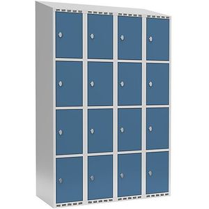 Viervoudige locker Fydor, 4 compartimenten, lichtgrijs / briljantblauw, b = 1200 mm, 4 compartimenten, schuine bovenkant, hangslot