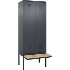 Multifunctionele lockerkast Evolo PLUS met zitbank, 2 compartimenten, scheidingswand ingekort, grijs, b = 800 mm, cilinderslot, met uitstekende zitbank, beukenhout