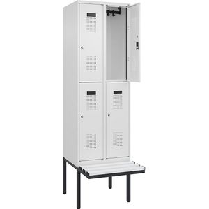 Lockerkast Evolo PLUS met twee verdiepingen en zitbank, 2 compartimenten, wit, b = 600 mm, cilinderslot, met uitstekende zitbank, kunststof
