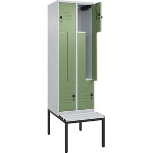 C+P Z-kledingkast Classic PLUS met zitbank, 2 compartimenten, lichtgrijs / resedagroen, b = 600 mm, veiligheidsdraaigrendel, ondergebouwd, kunststof
