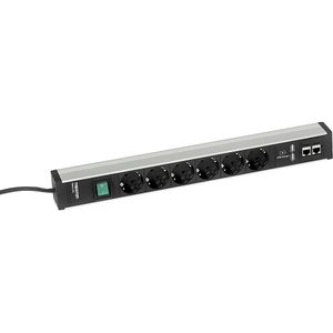 Contactdoosstrip voor werktafels, 6 stopcontacten, schakelaar, 2 x USB, 2 x CAT6A Treston