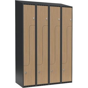 Z-lockerkast Fydor, 4 compartimenten, grijs / eikenhout, b = 1200 mm, 4 compartimenten, schuine bovenkant, hangslot