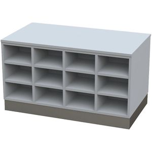 Sitover-garderobebank, dubbelzijdig, met kunststof coating, 2 x 12 vakken, lengte 1090 mm, grijs, sokkel van roestvast staal