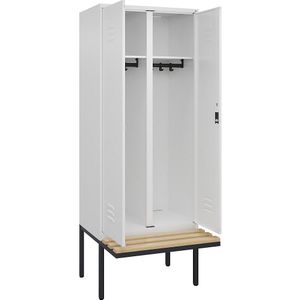 C+P Multifunctionele kledingkast Classic PLUS met zitbank, 1 compartiment, verkeerswit, b = 800 mm, cilinderslot, vrijdragend, beuken-hardhout