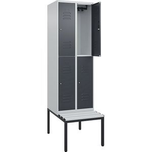 C+P Kledingkast Classic PLUS met twee verdiepingen en zitbank, 2 compartimenten, lichtgrijs / grijs, b = 600 mm, cilinderslot, ondergebouwd, kunststof