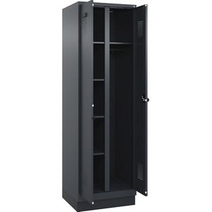 Schoonmaakkast Evolo PLUS, 1 compartiment, scheidingswand in het midden, grijs, b = 600 mm, met bodemsokkel, veiligheidsdraaigrendel